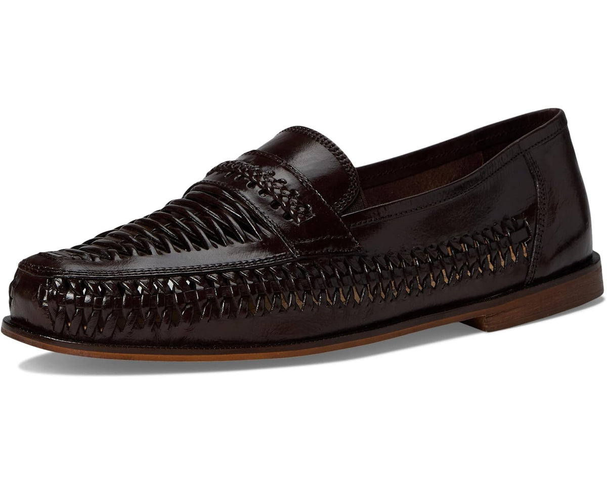 Dark brown leather moc-toe loafer with apron stitch detail and slip-on fit