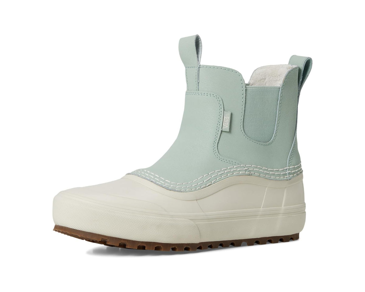 Light green-gray waterproof mid Chelsea boot with side gore and thick off-white midsole