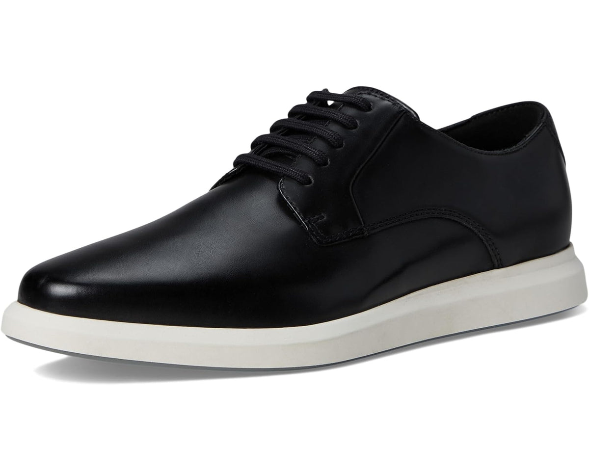 Men's black lace-up leather sneakers with white midsole and sleek rounded toe