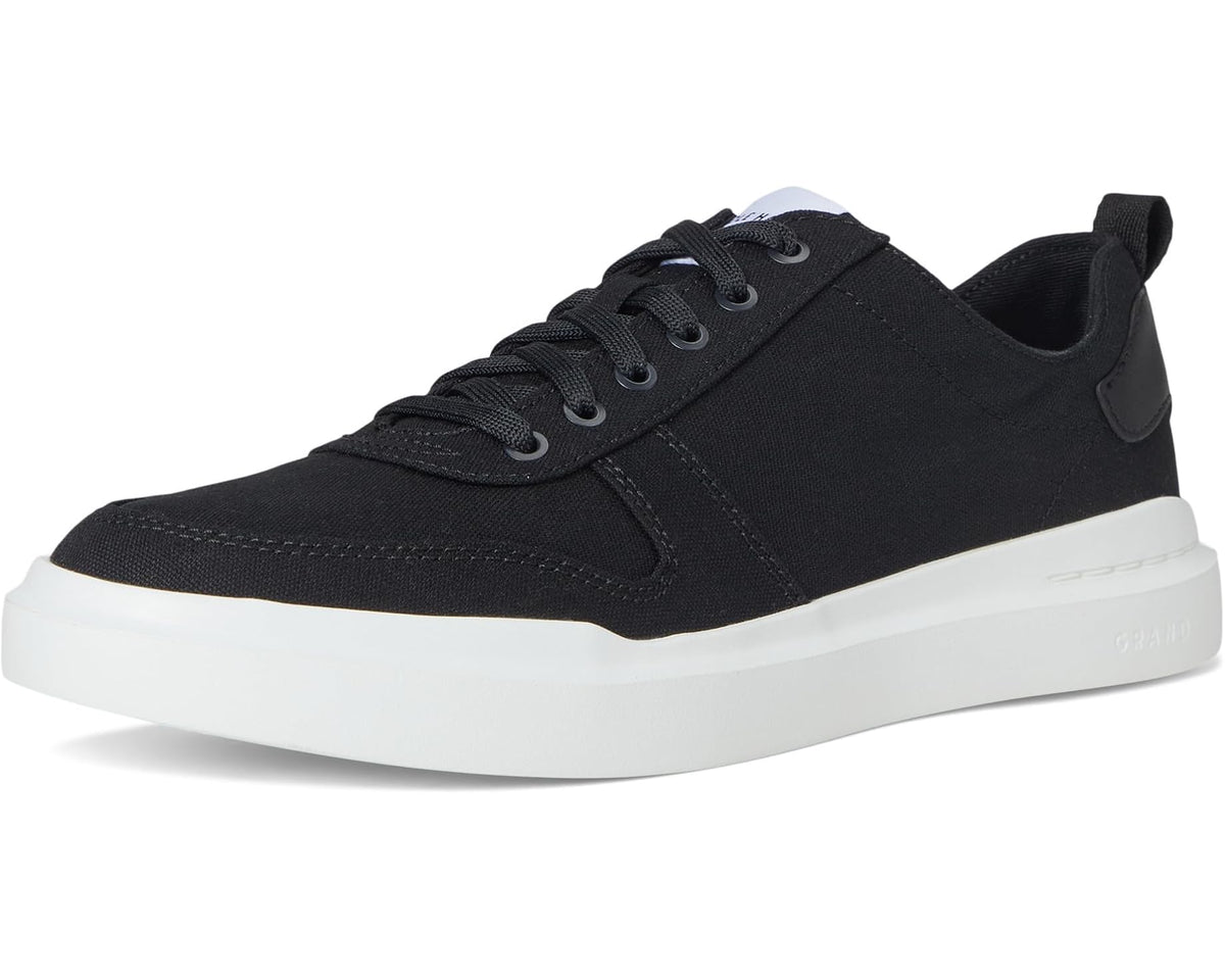 Black canvas lace-up court sneaker with white sole and optic white trim