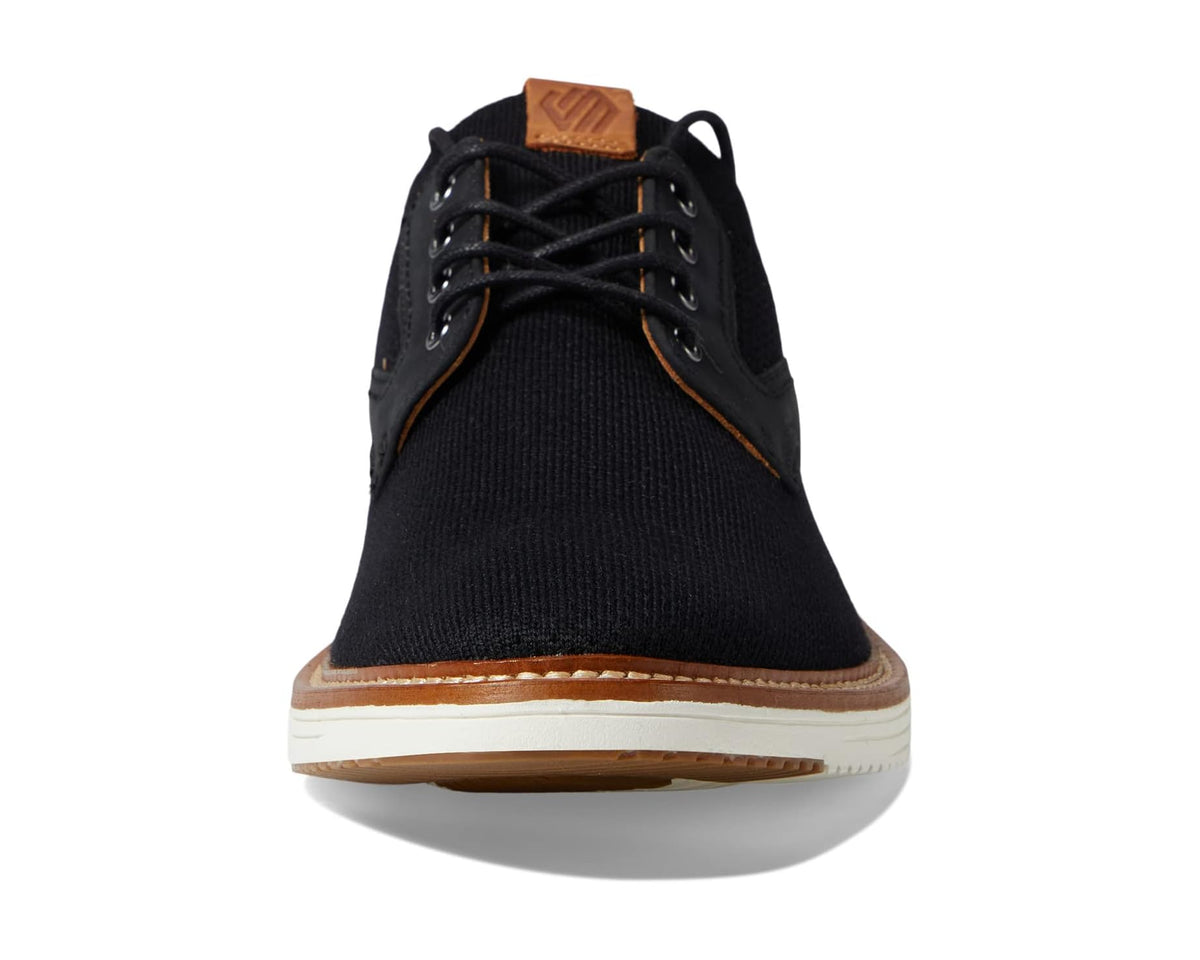 Men's black knit plain-toe lace-up shoe with brown-trim sole and lace front