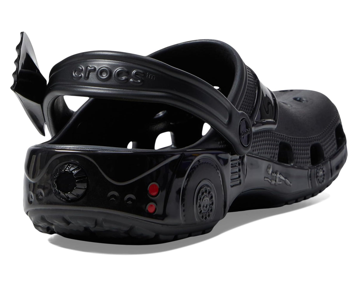 Unisex black clogs with heel graphic, decorative studs, and molded side panels