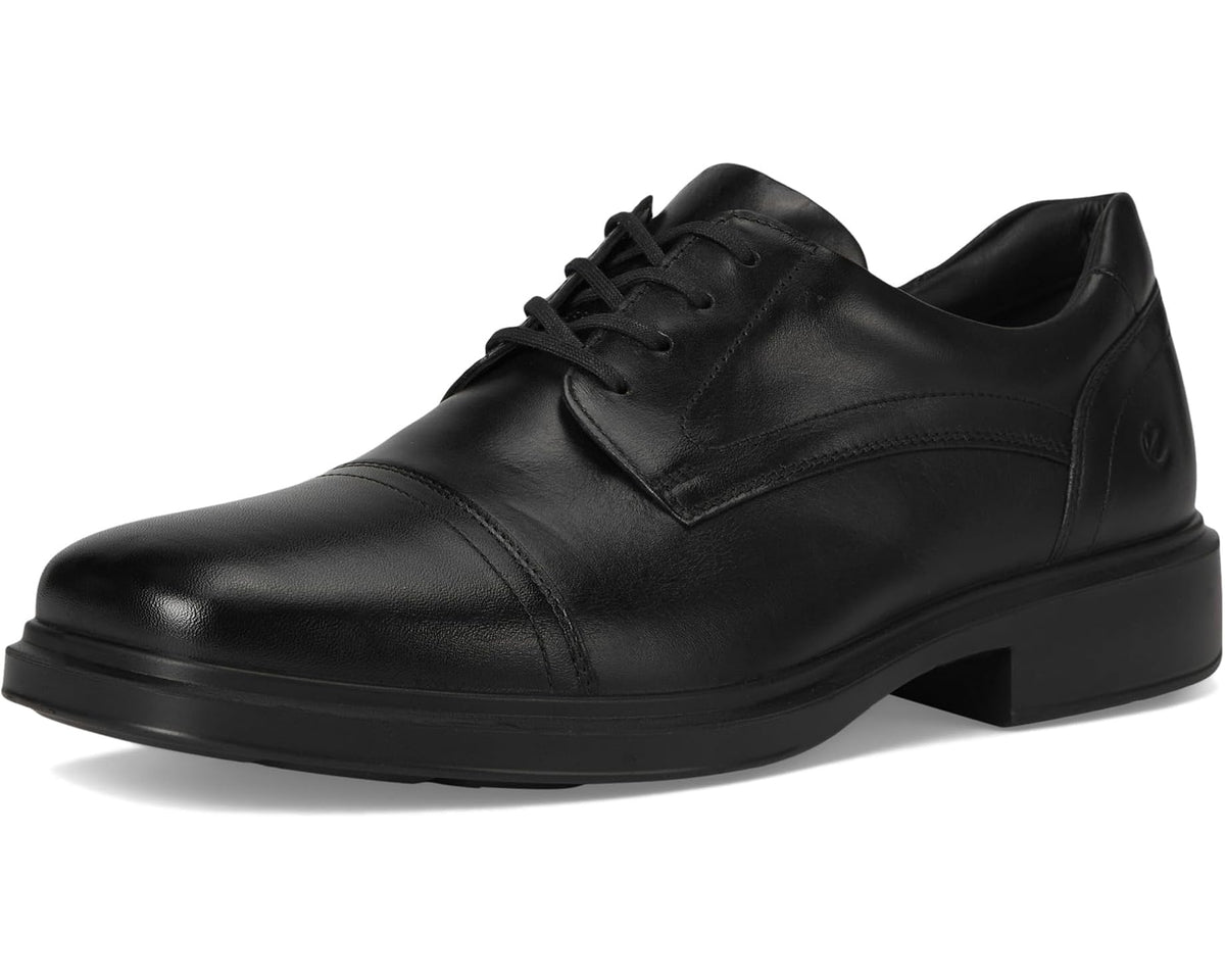 Black cap-toe lace-up oxford dress shoe in side view with heel