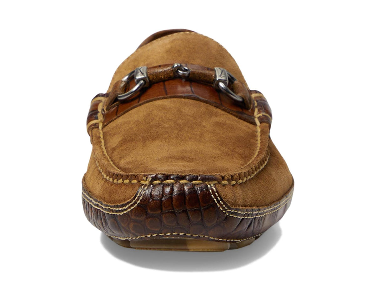 Men's Martin Dingman horse bit driving loafer, tan suede vamp with buckle detail