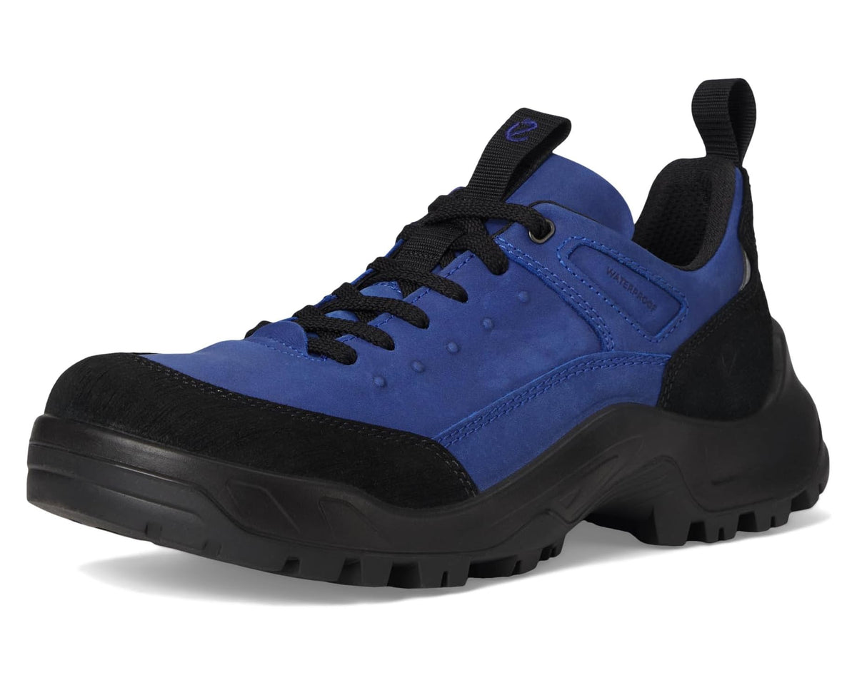 Blue and black lace-up waterproof hiking shoe with padded collar and treaded sole