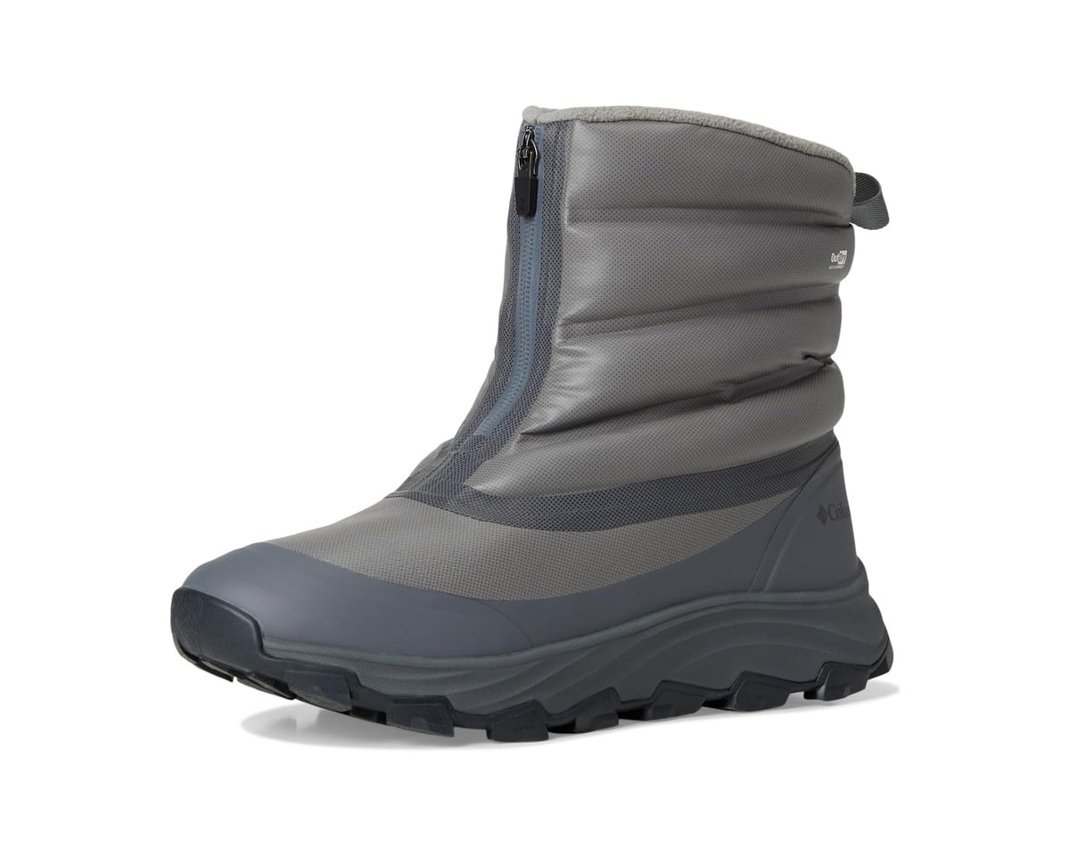 Men's high-ankle hiking boot side profile in gray and dark blue with zipper