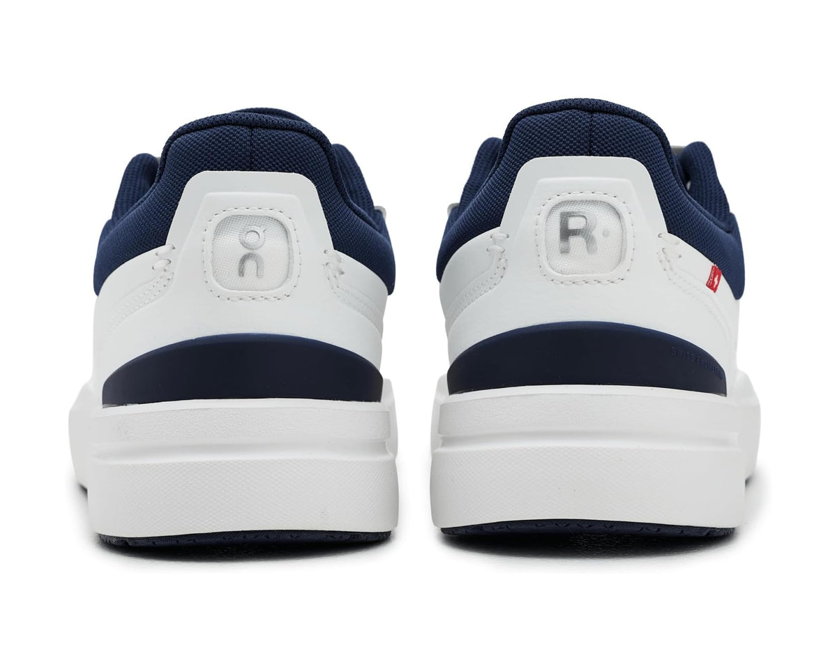 Men's On Roger Advantage sneakers, rear view with navy heel and white sole