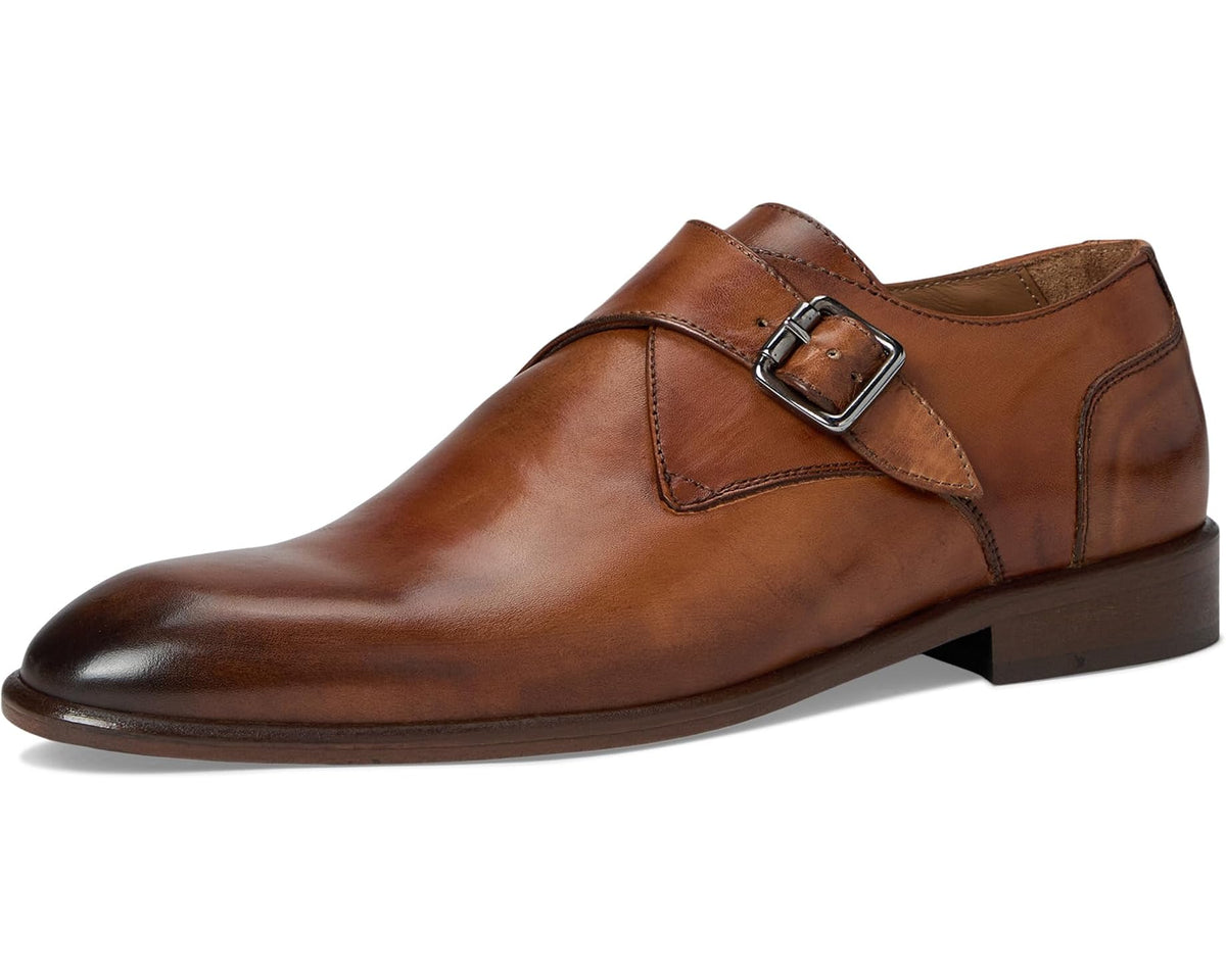 Men's brown leather monk strap dress shoes, front quarter view