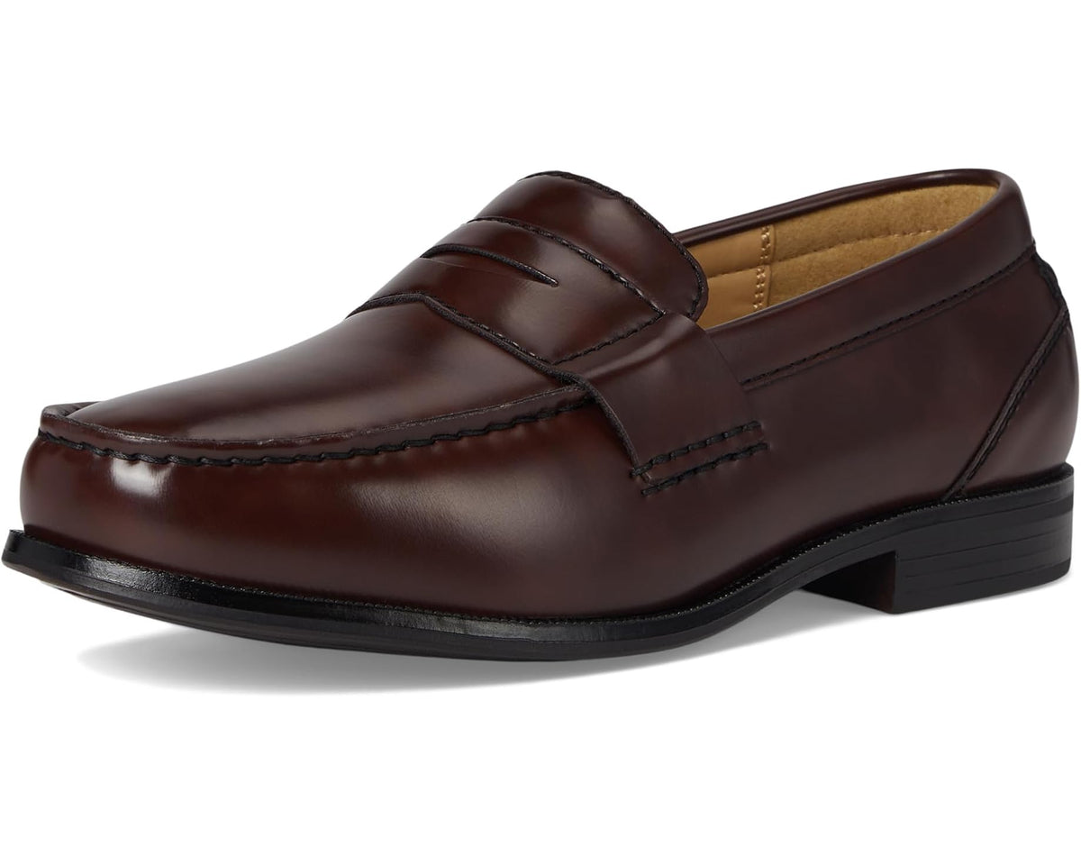 Cordovan leather loafer front view with moc-toe stitching and side strap