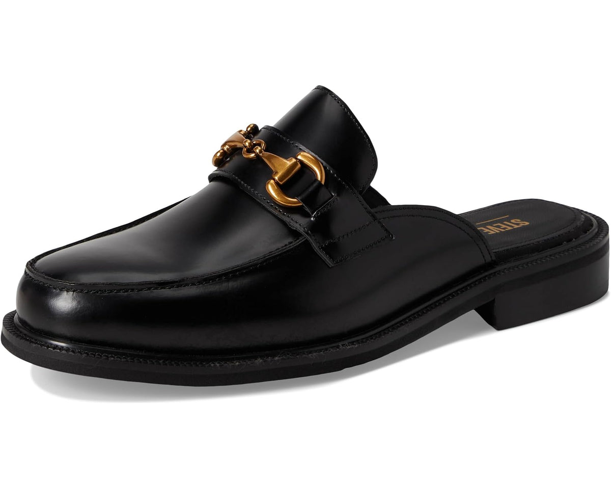 Men's black mule loafer with gold buckle, profile view