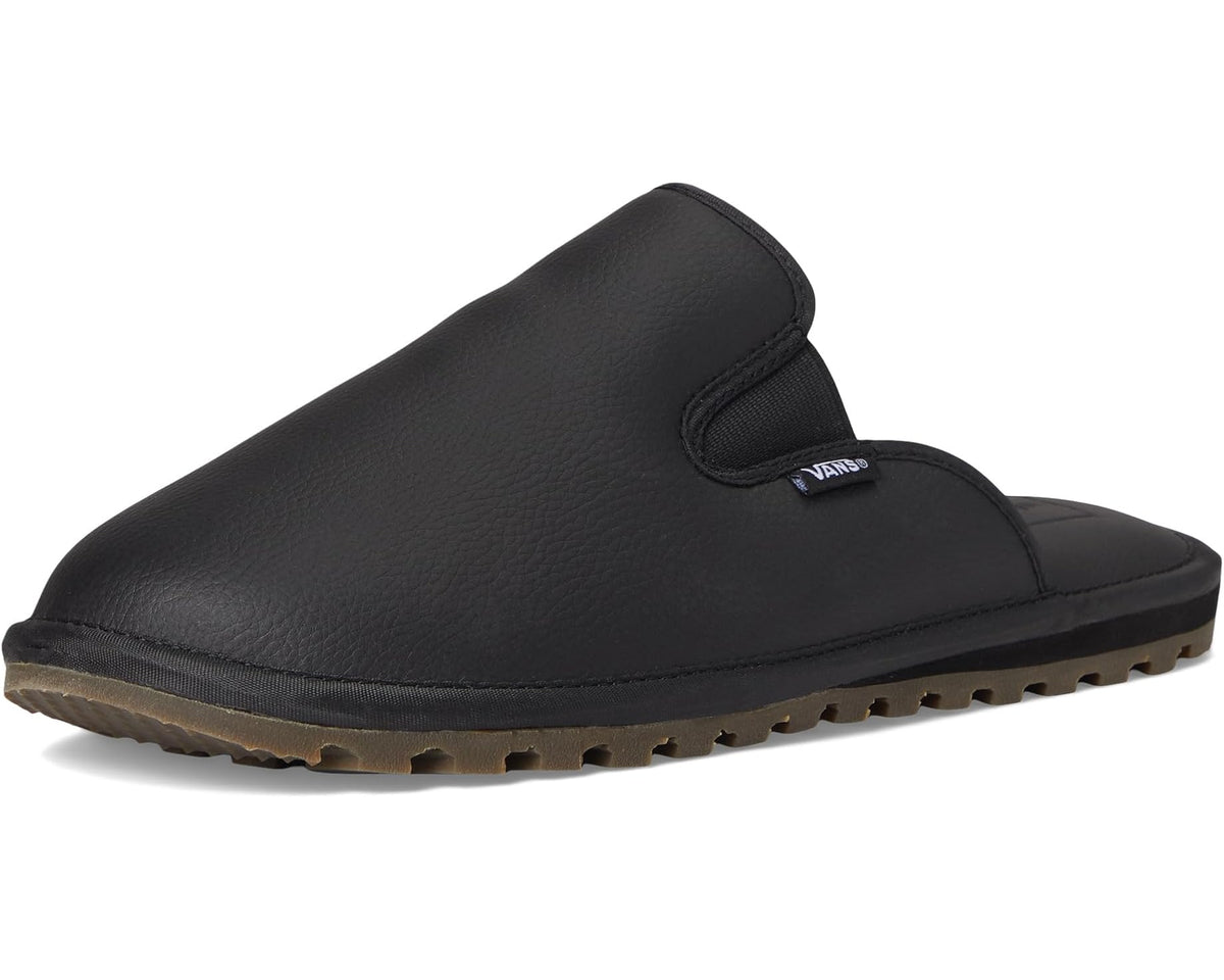 Unisex black leather slip-on mule with rounded toe and cushioned upper
