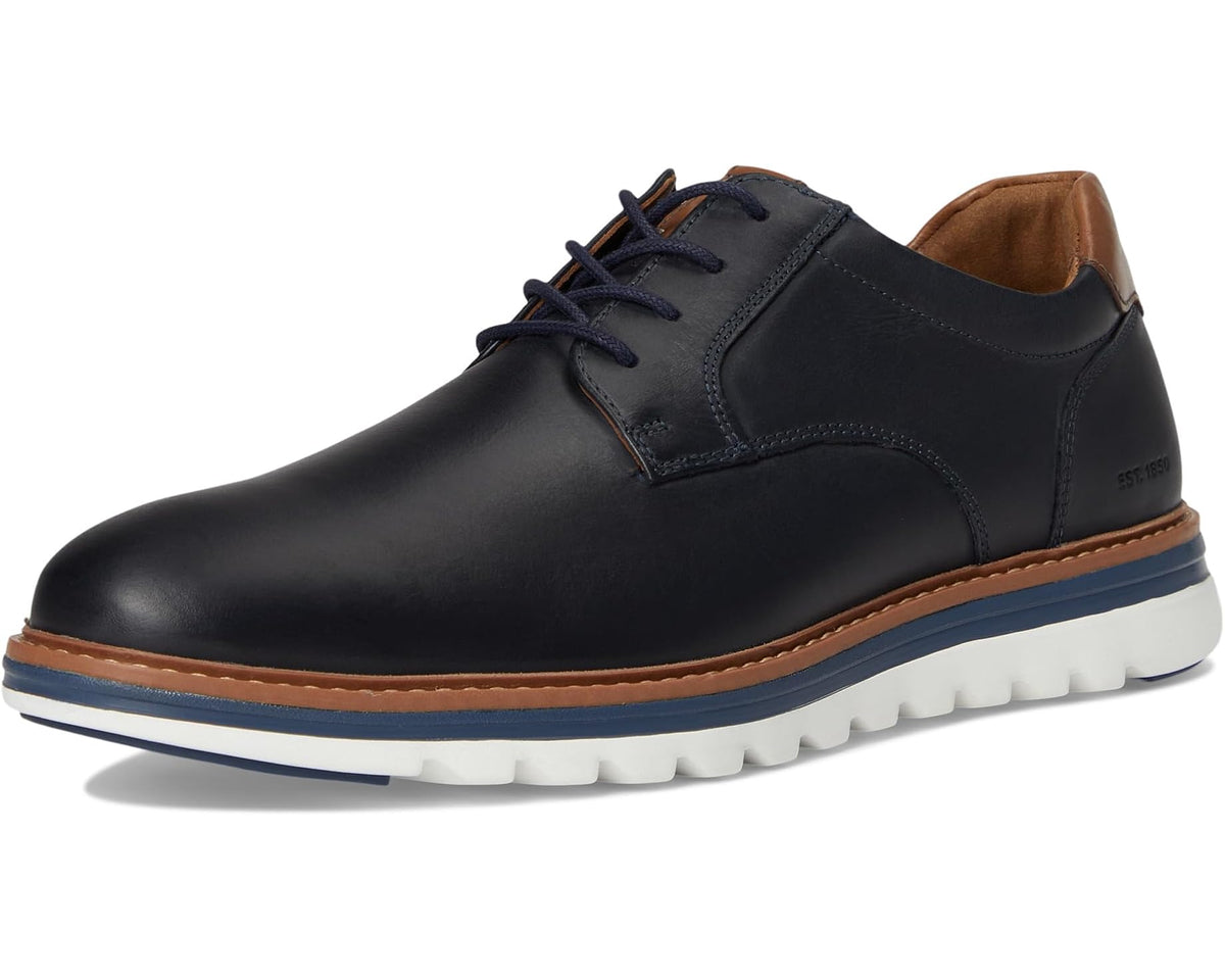 Men's lace-up plain toe leather shoes in dark navy, tan welt and white rugged sole