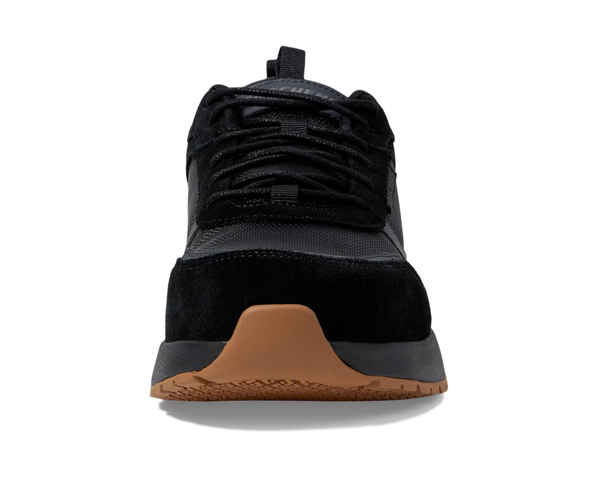 Men's black work jogger shoes rear view with lace-up, brown outsole tread