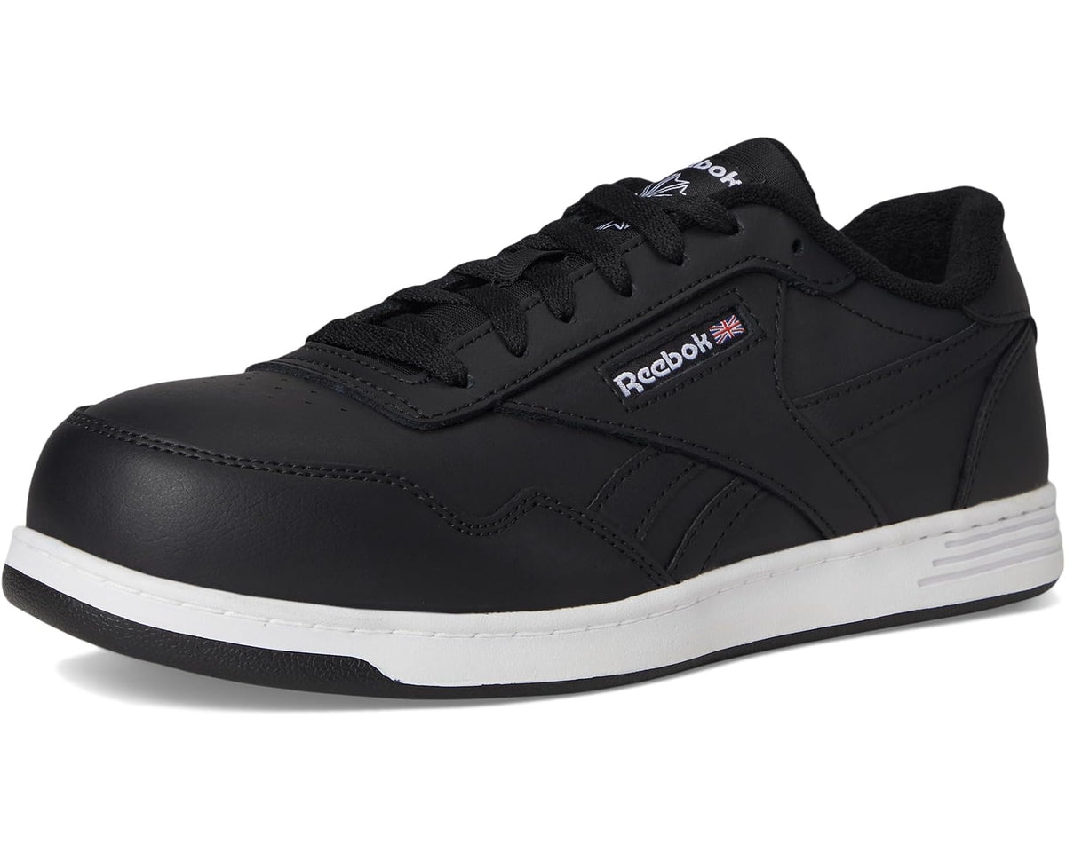Men's black work sneakers front view with white sole and lace-up closure