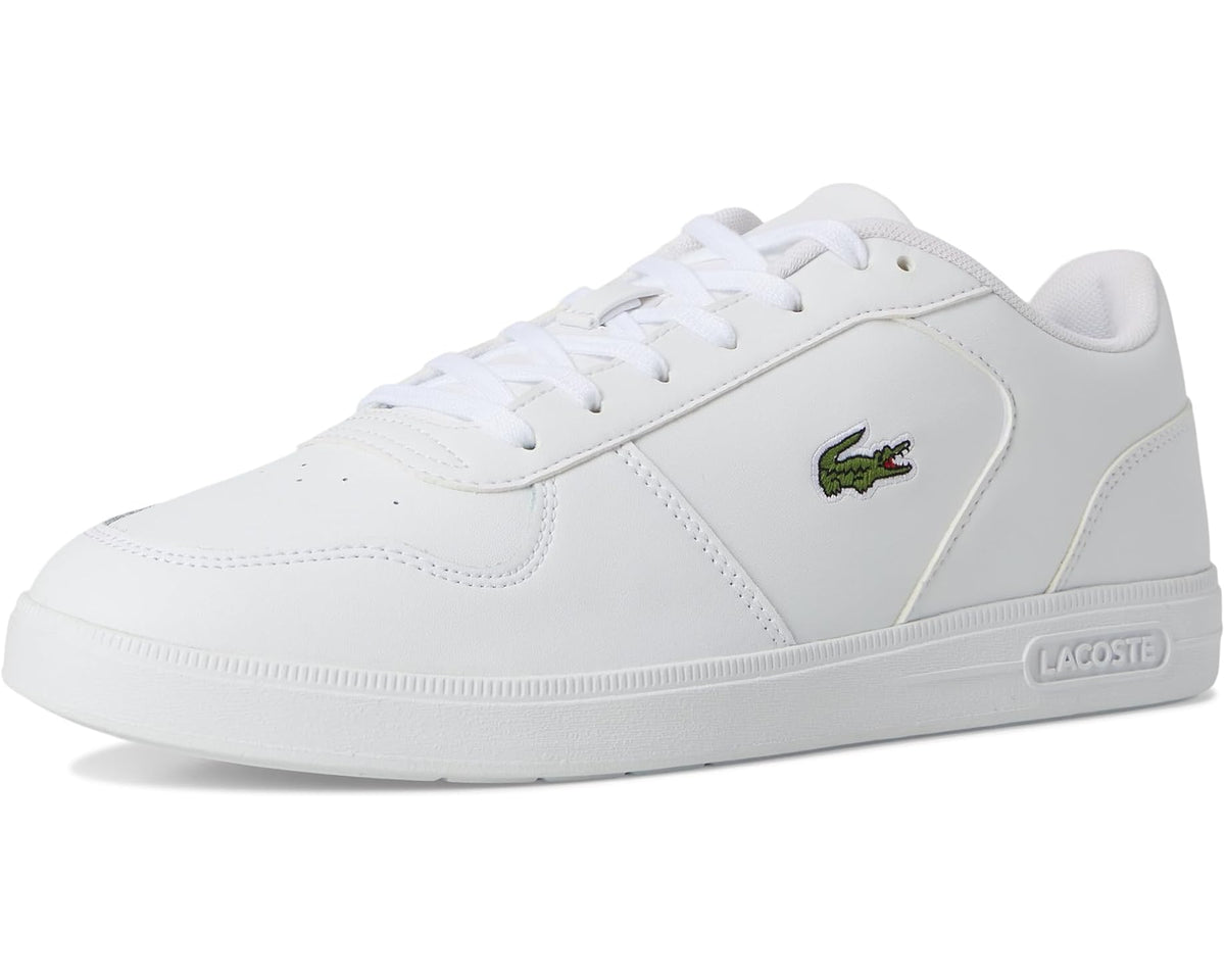 White Lacoste T-base sneakers front side view with green crocodile badge