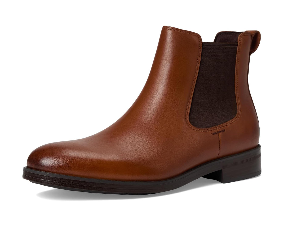 Brown leather men's Chelsea boots with elastic side panels and low-profile sole