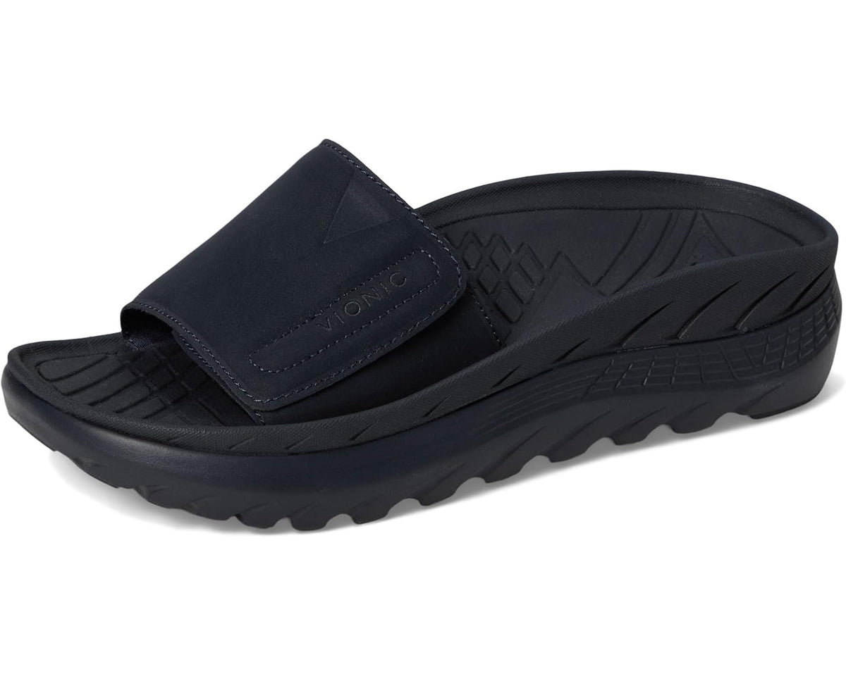Navy unisex slide sandals with wide strap and textured outsole