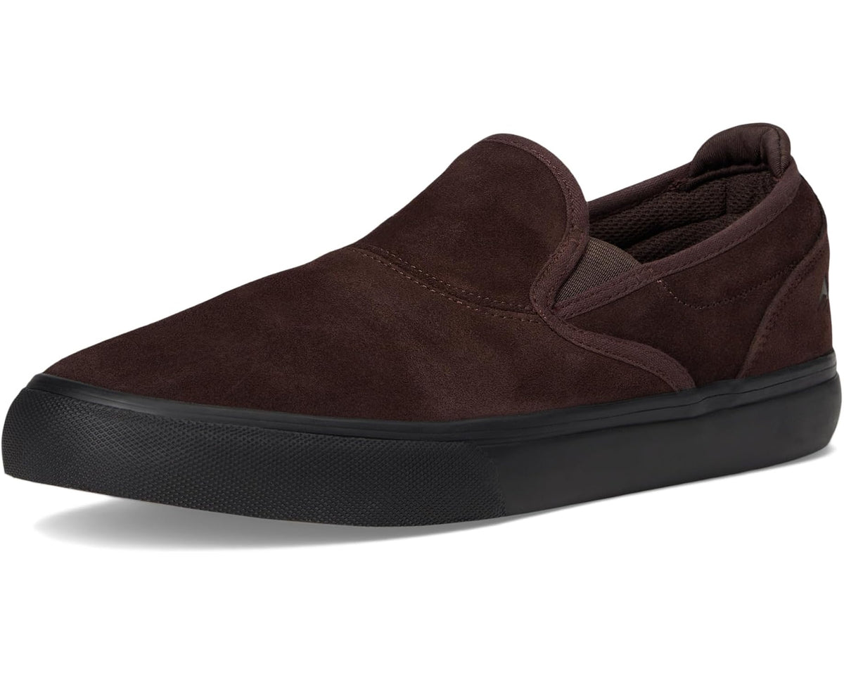 Brown suede slip-on sneaker with black collar and low-profile sole