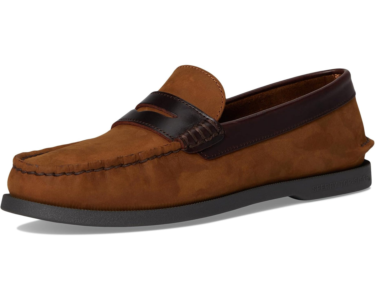 Men's brown suede slip-on loafers with black strap and textured moc stitching