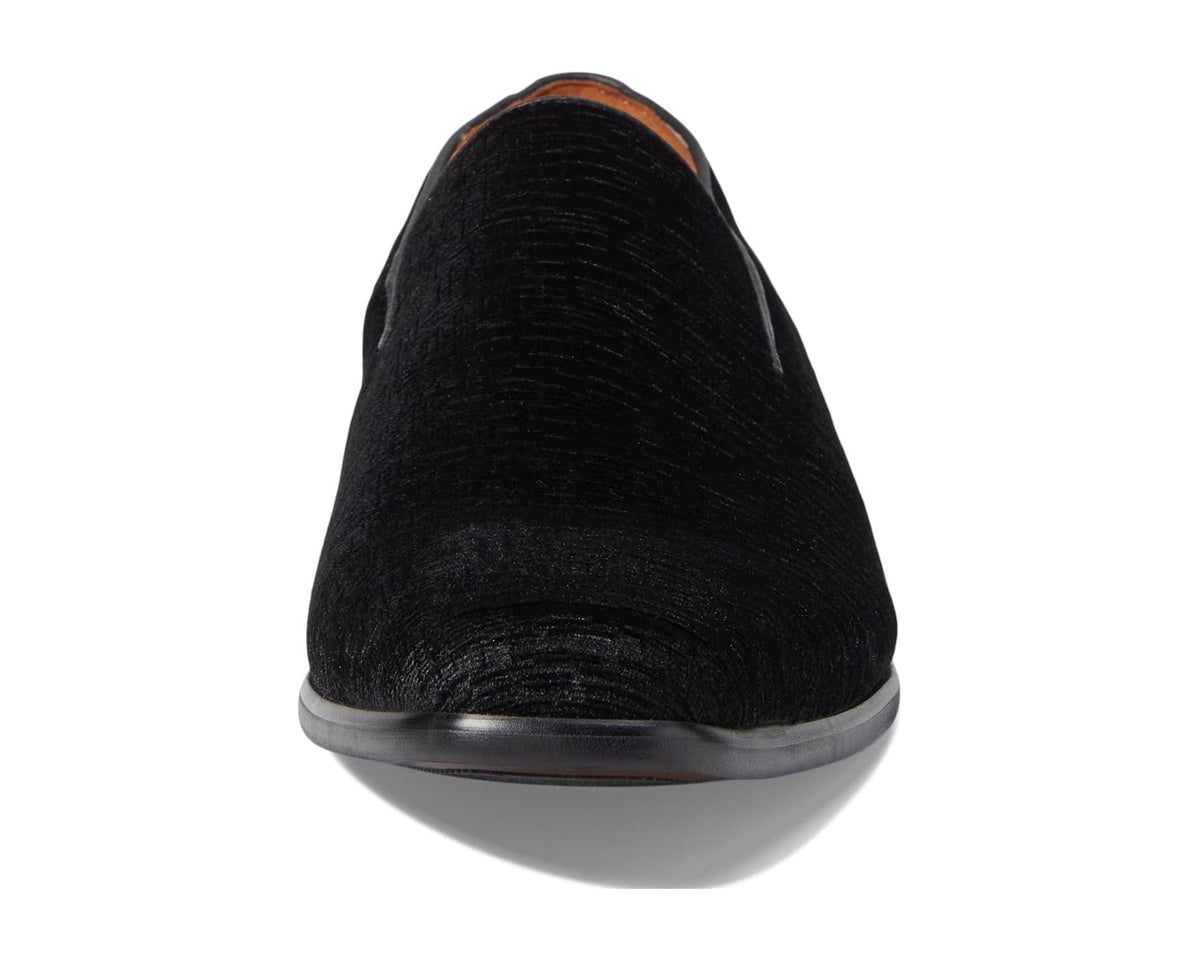 Black velvet slip-on loafer back view with low rubber heel