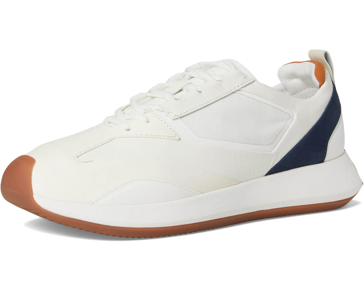 White men's marathon trainer sneakers with blue side insert and orange rubber sole