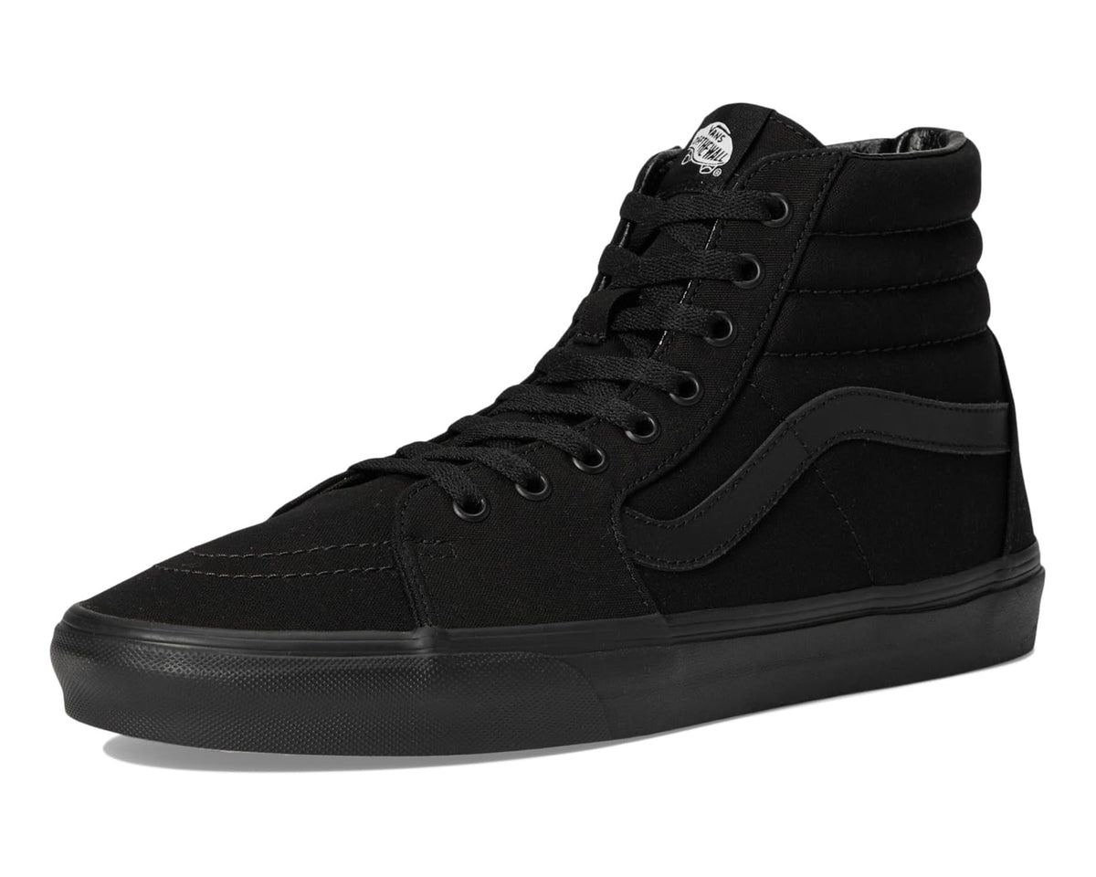 Black canvas lace-up high-top sneakers with side stripe and rubber bumper sole.