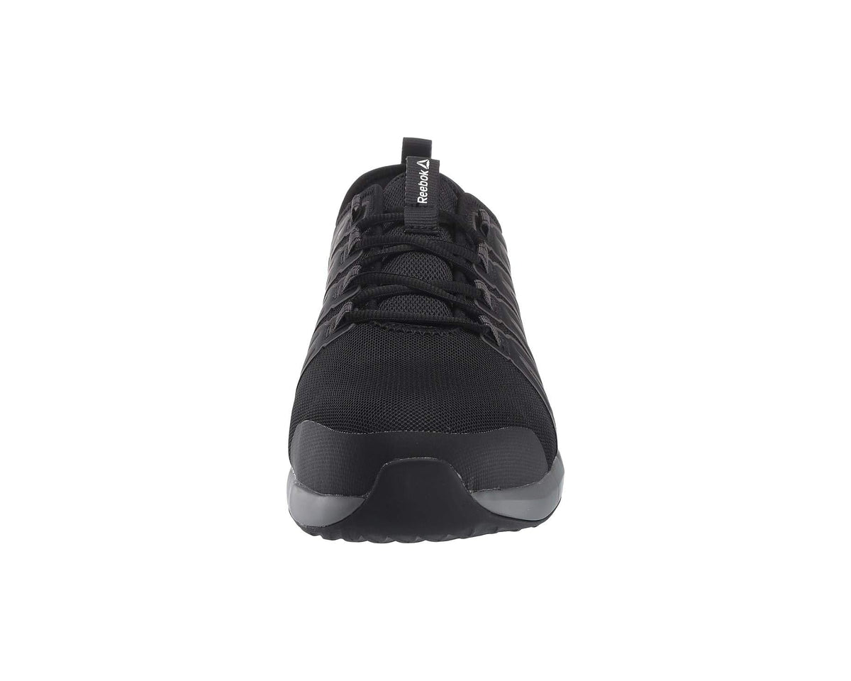 Black lace-up work shoe with rounded toe, padded collar, and cushioned midsole