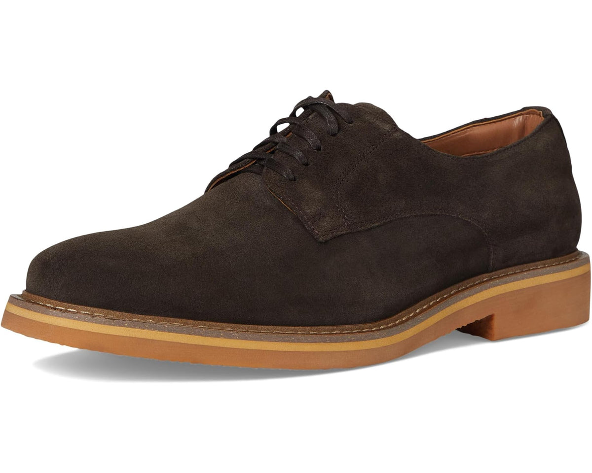 Brown suede lace-up oxford with tan sole and contrast stitching around edges.