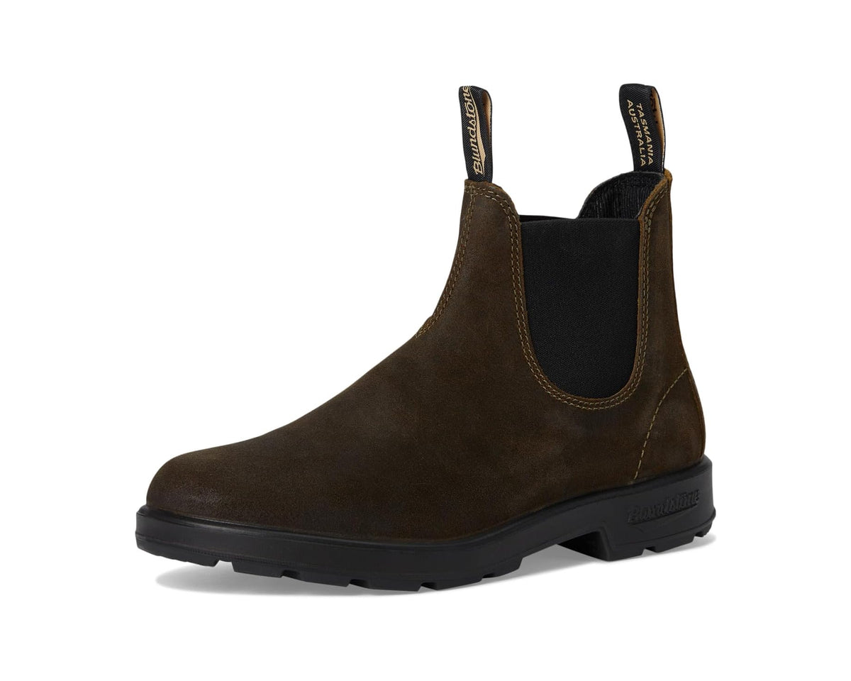 Olive suede chelsea boots with elastic panels and loop pull tabs