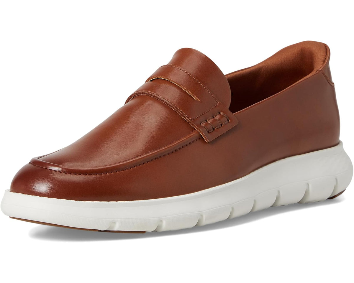 Cognac leather slip-on loafer with strap detail, smooth upper, white rubber sole