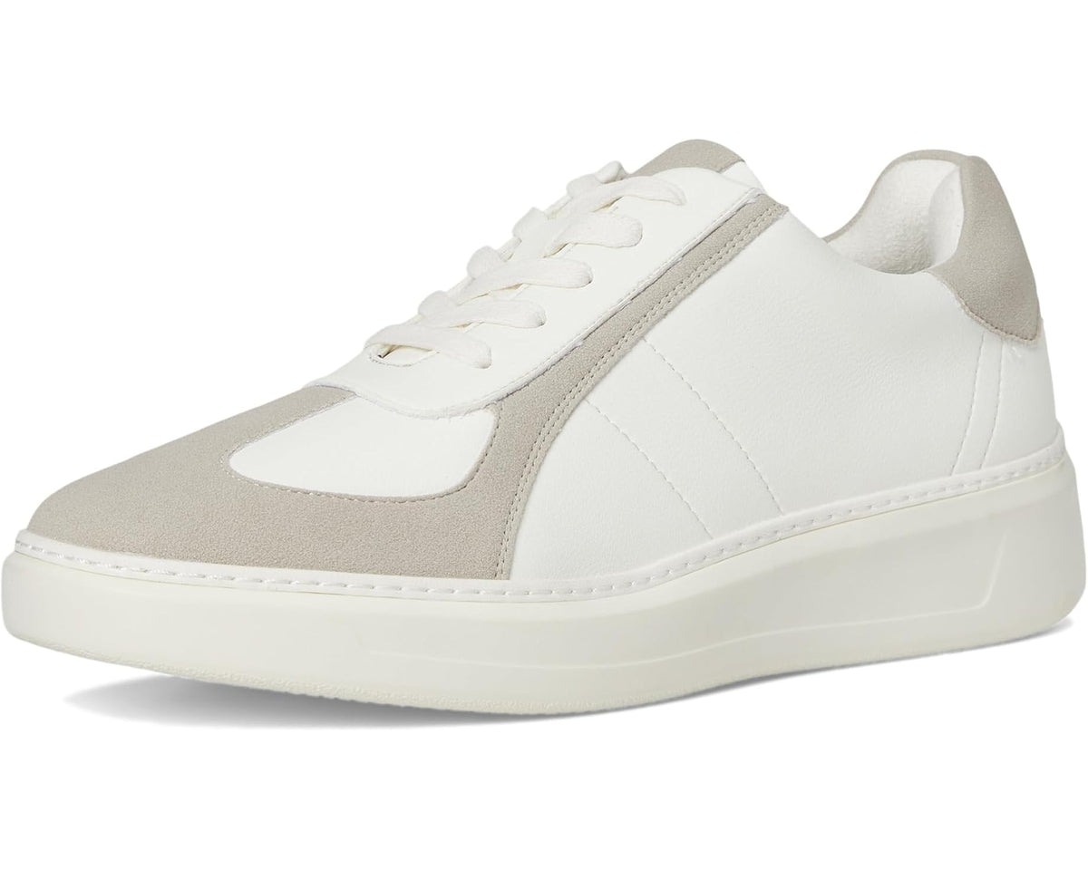 Men's low-top sneakers front view, white with beige side stripes and lace-up