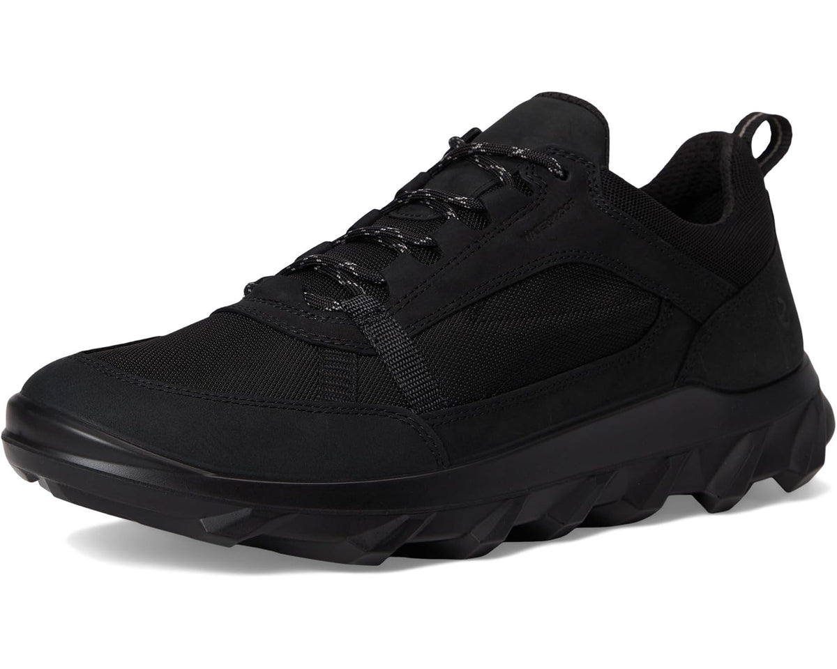 Black waterproof sneaker, front three-quarter view, lace-up with textured outsole