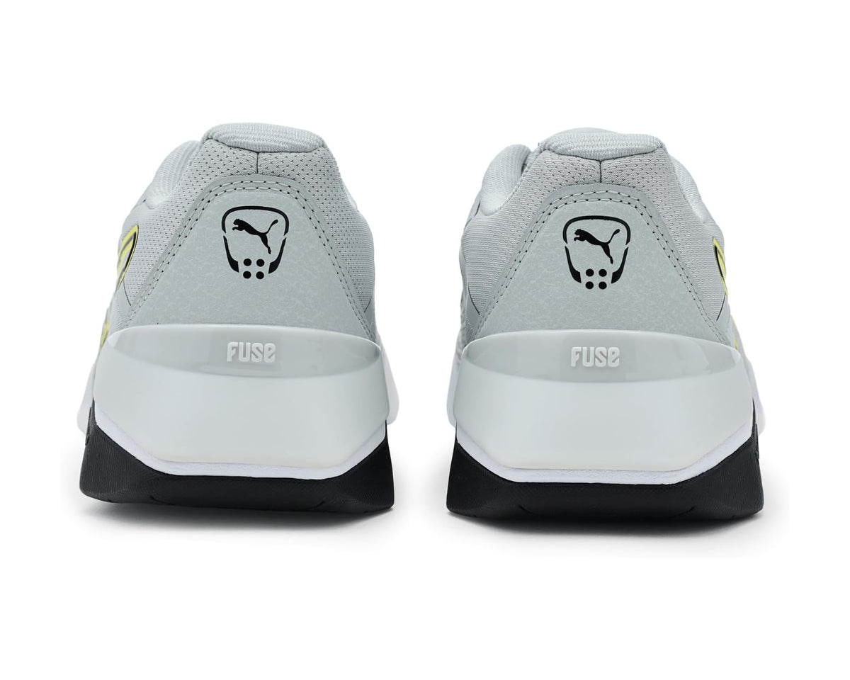Back view of light gray cross training shoes with FUSE branding and black heel.