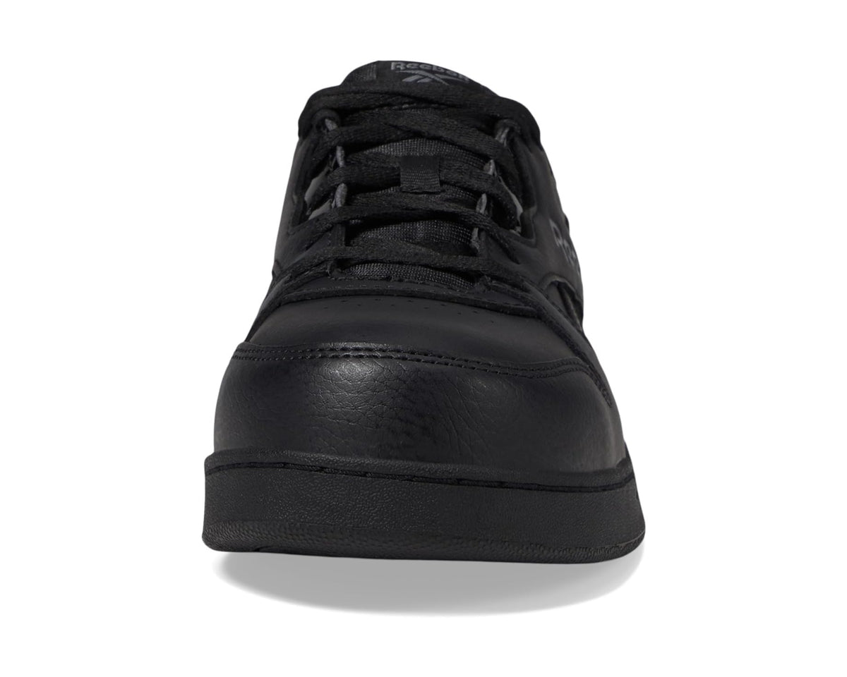Black Reebok work sneaker toe and front profile with textured leather upper