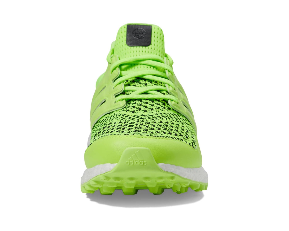 adidas Golf Ultraboost golf shoes, neon green front view with lace-up knit and black heel patch