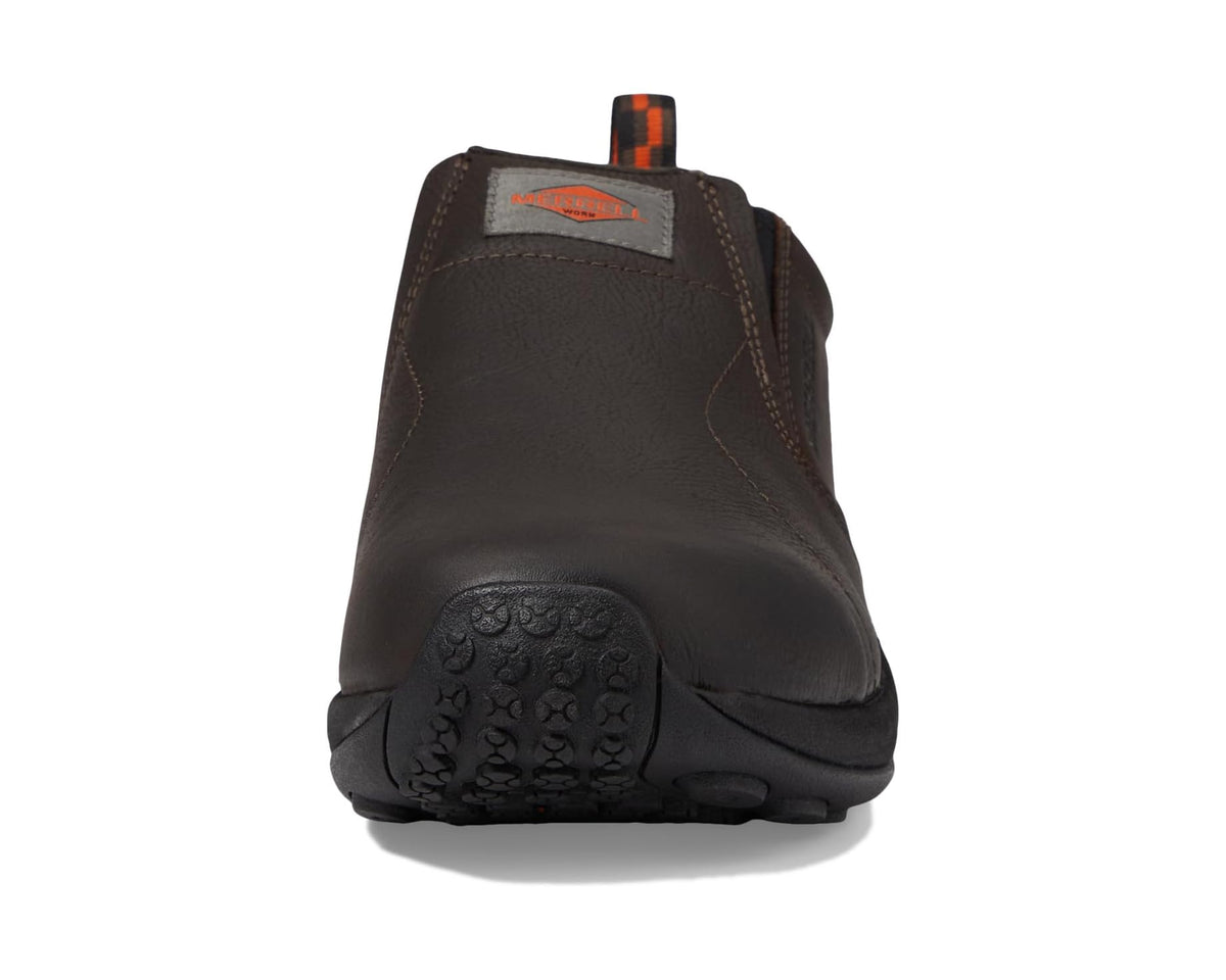 Men's Merrell Work Jungle Moc leather slip-on, espresso brown, back view.