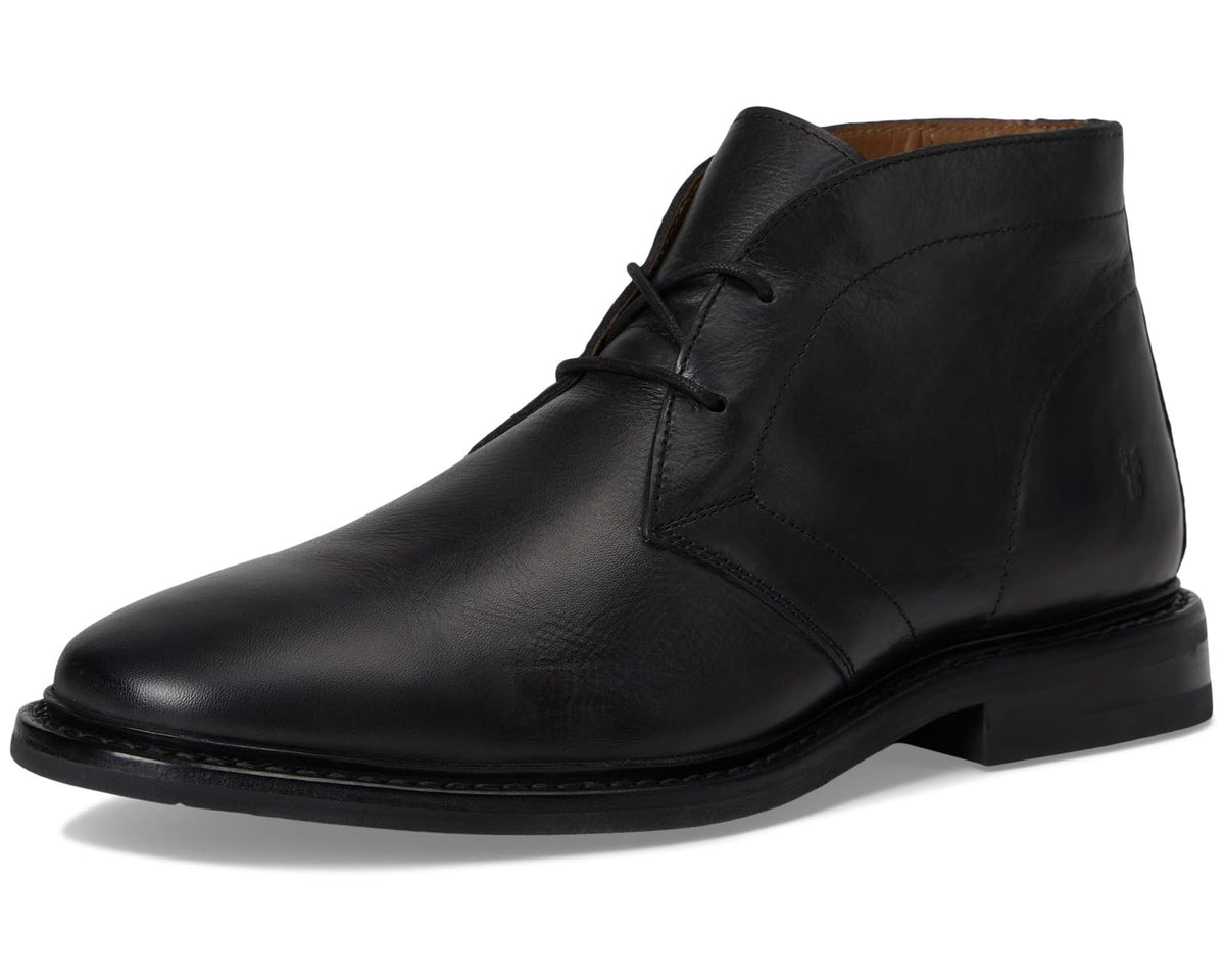 Black leather lace-up chukka boot front view with classic cap toe