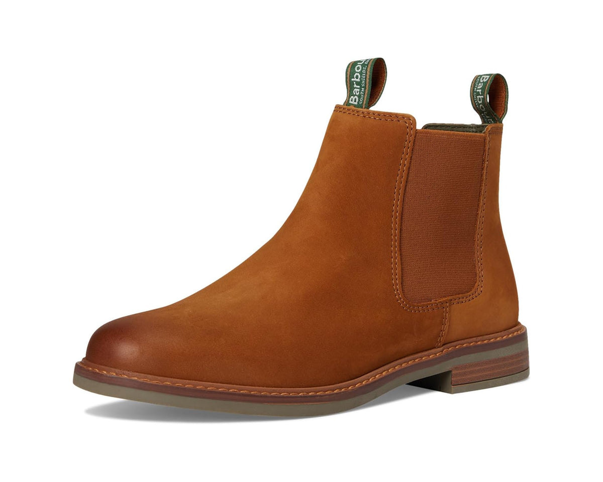 Dark tan suede Barbour Chelsea boot with elastic side panel and brown lug sole
