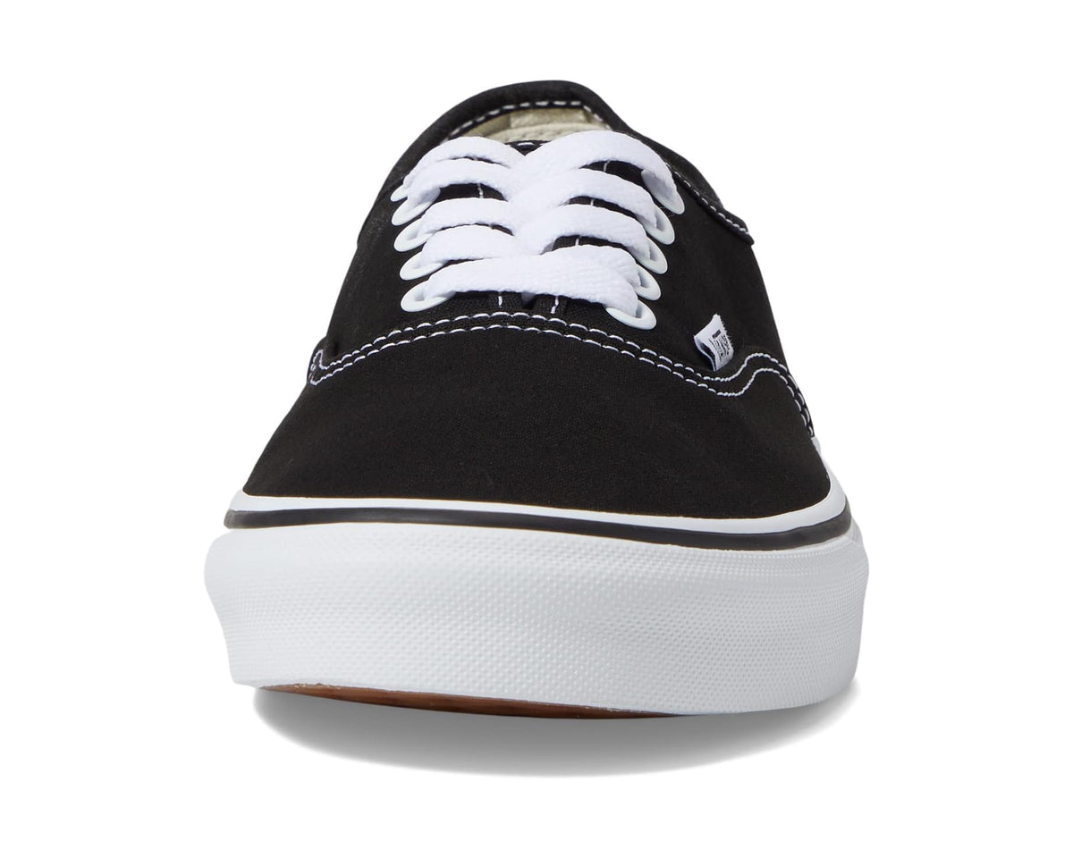 Vans unisex low-top sneakers, front view black canvas with white laces and white sole
