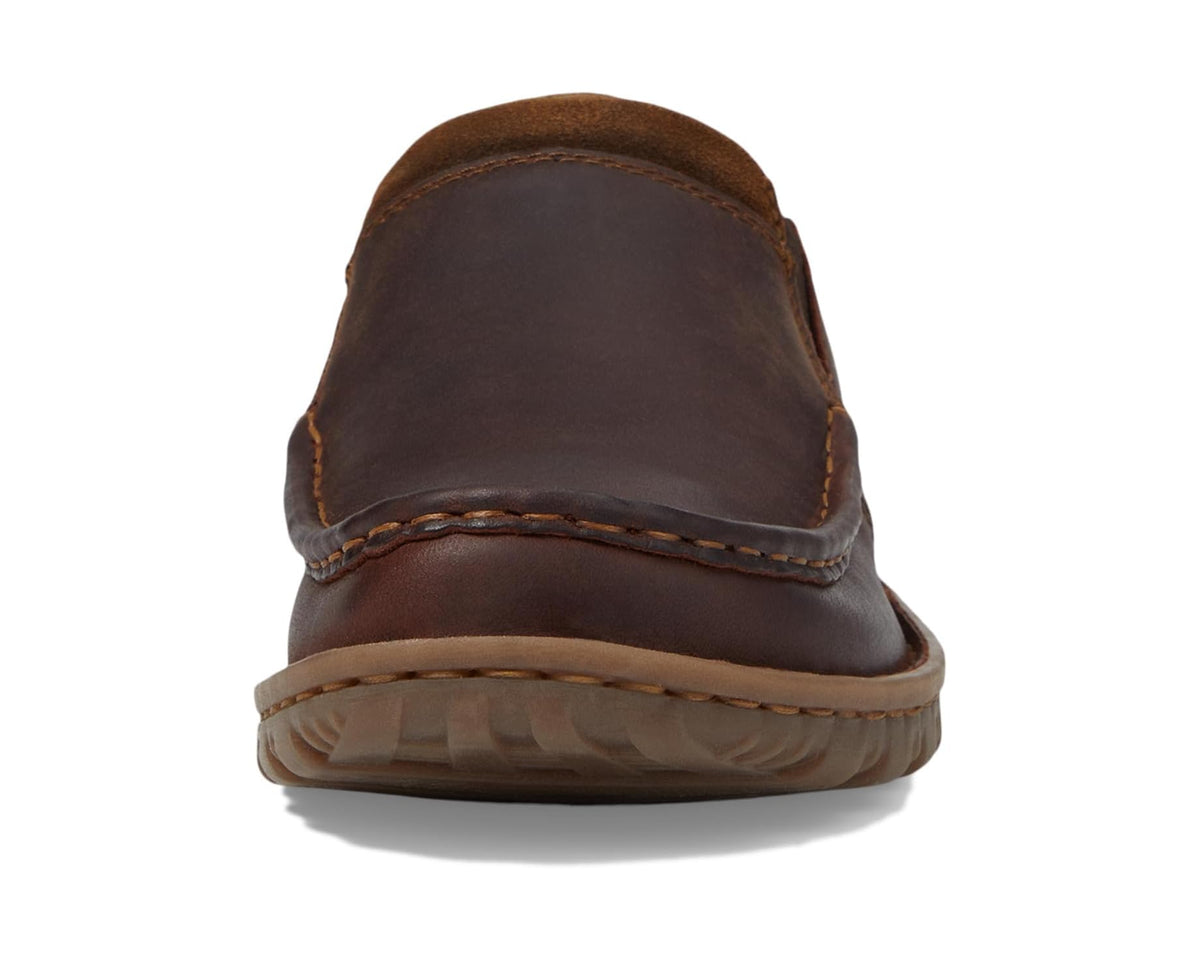 Men's Born dark brown leather slip-on loafer back view with padded heel and seams