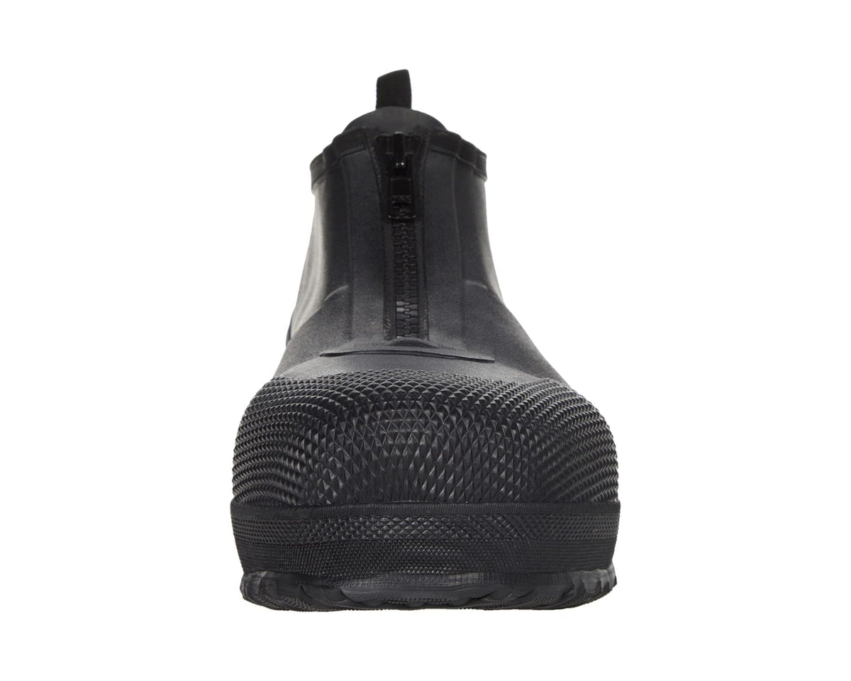 Black overshoe boot front view with vertical zipper and ribbed safety-toe panel