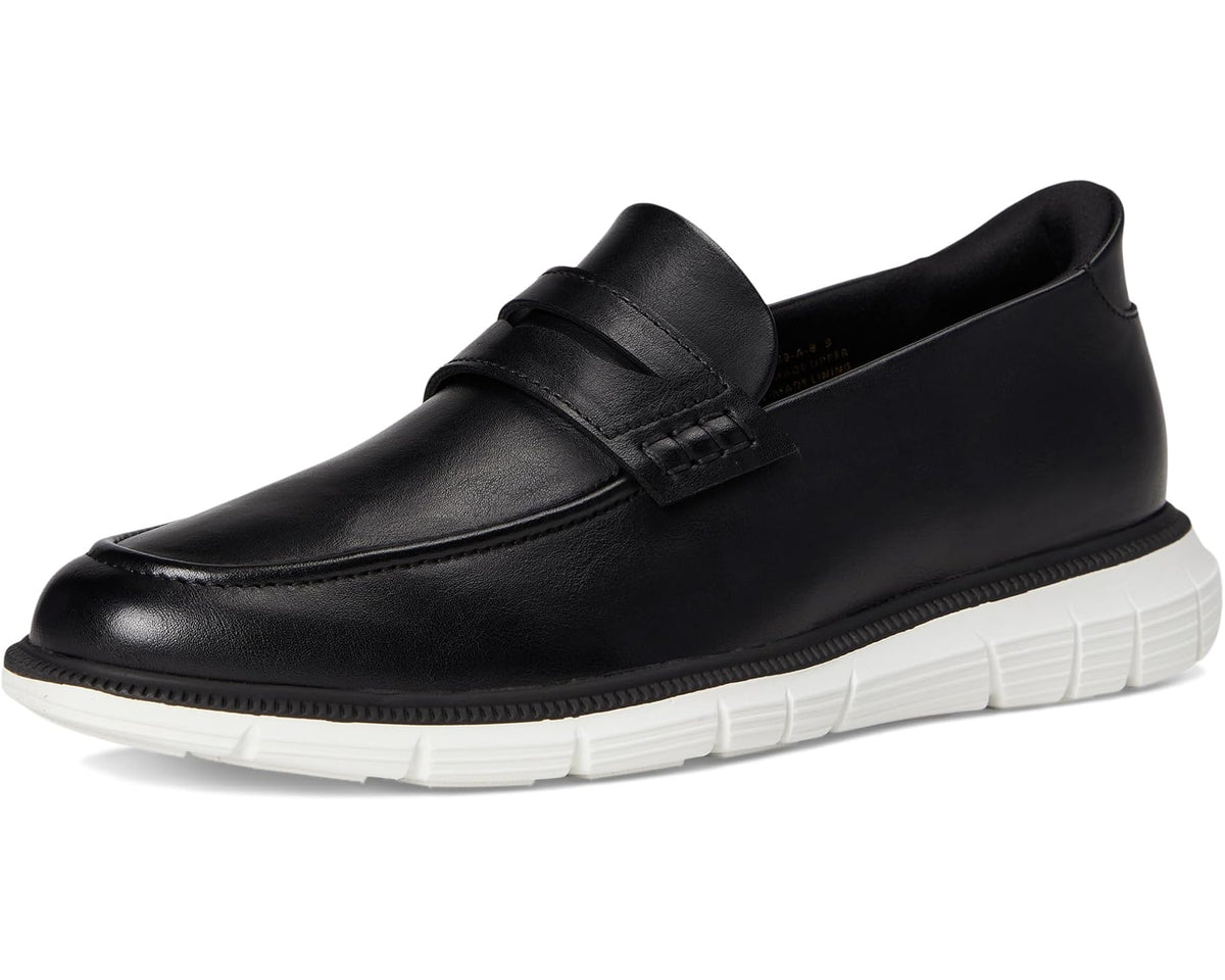 Men's black leather loafers with strap detail and white sole, side angle view