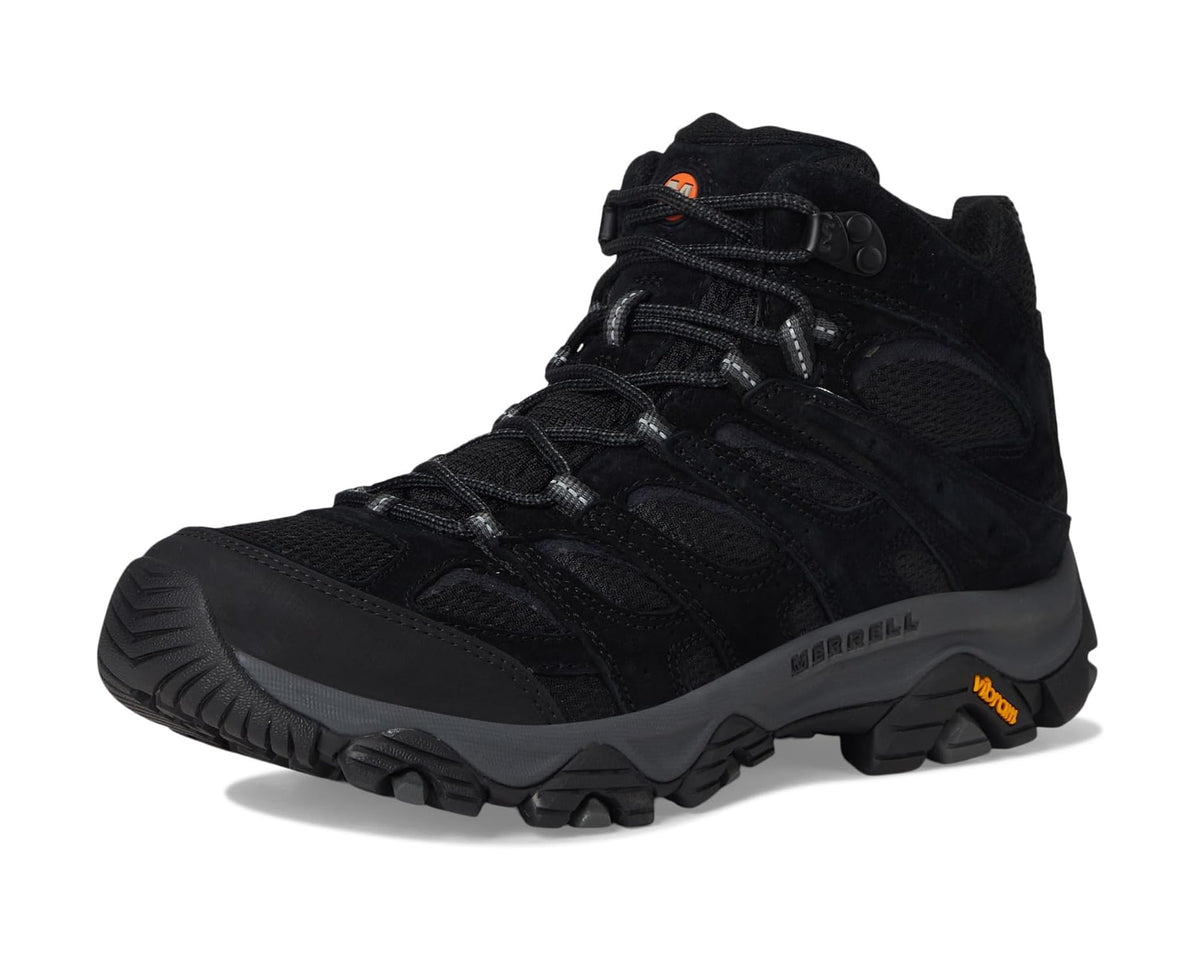 Merrell mid hiking boot three-quarter view, black lace-up with grippy lug sole