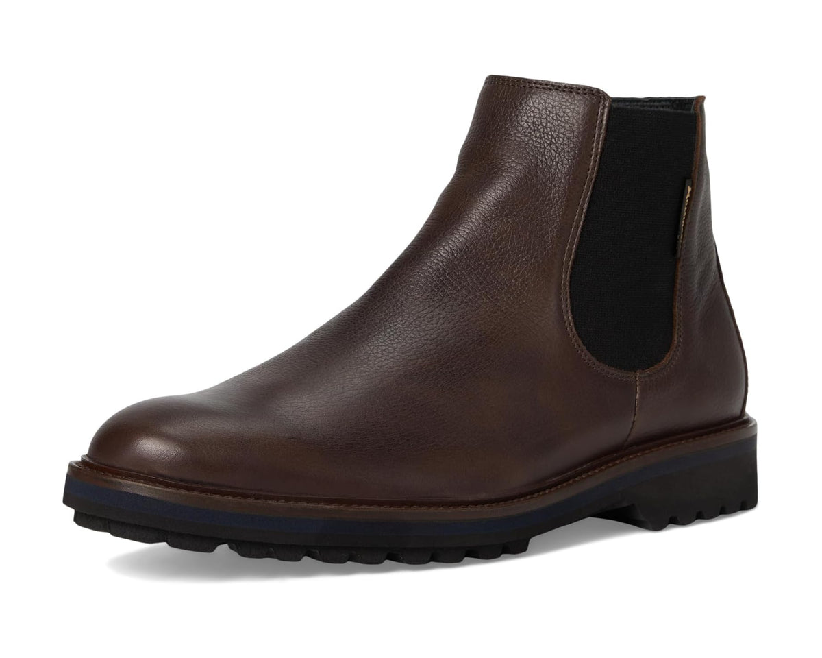 Profile view of dark brown leather chelsea boots with elastic side gore and tread sole