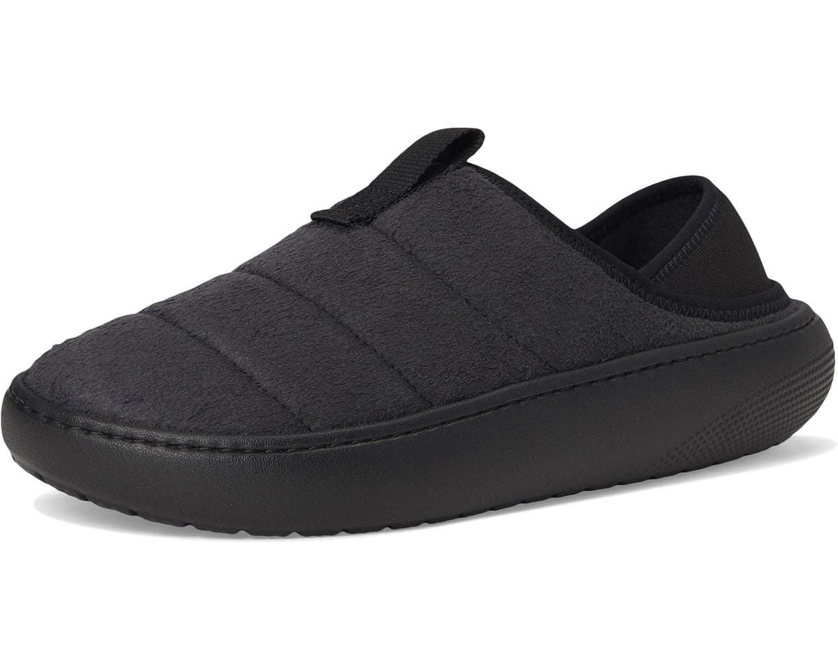 Black suede slip-on moc clog with rounded toe and padded sidewalls