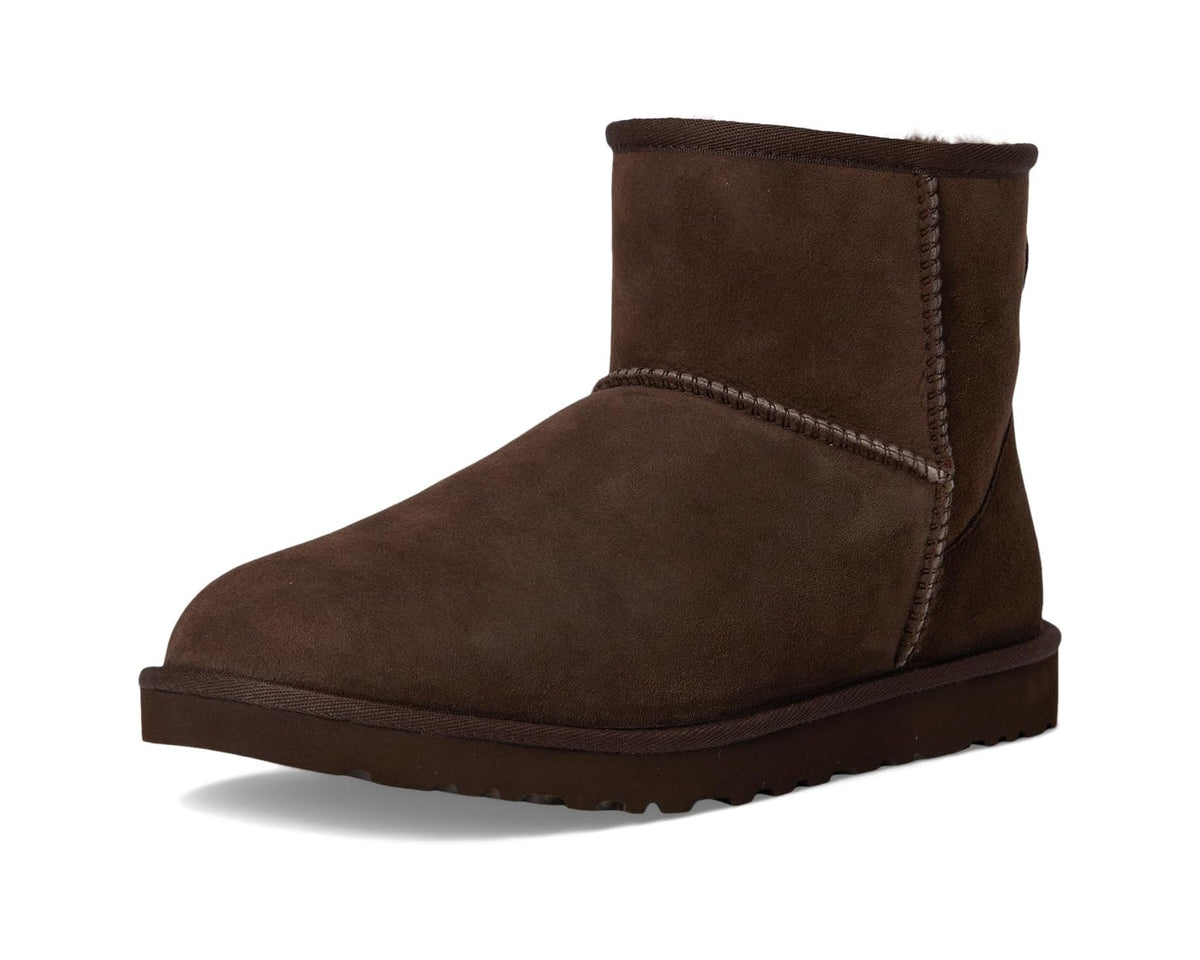 Men's UGG Classic Mini suede boot in dark cocoa, ankle height, soft collar trim