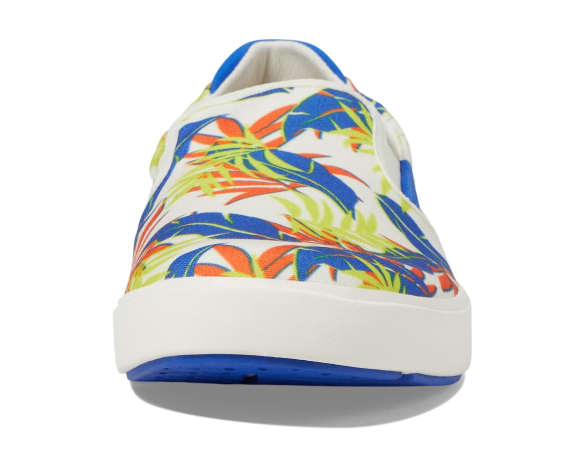 Heel view of men's slip-on sneaker with tropical leaf print upper