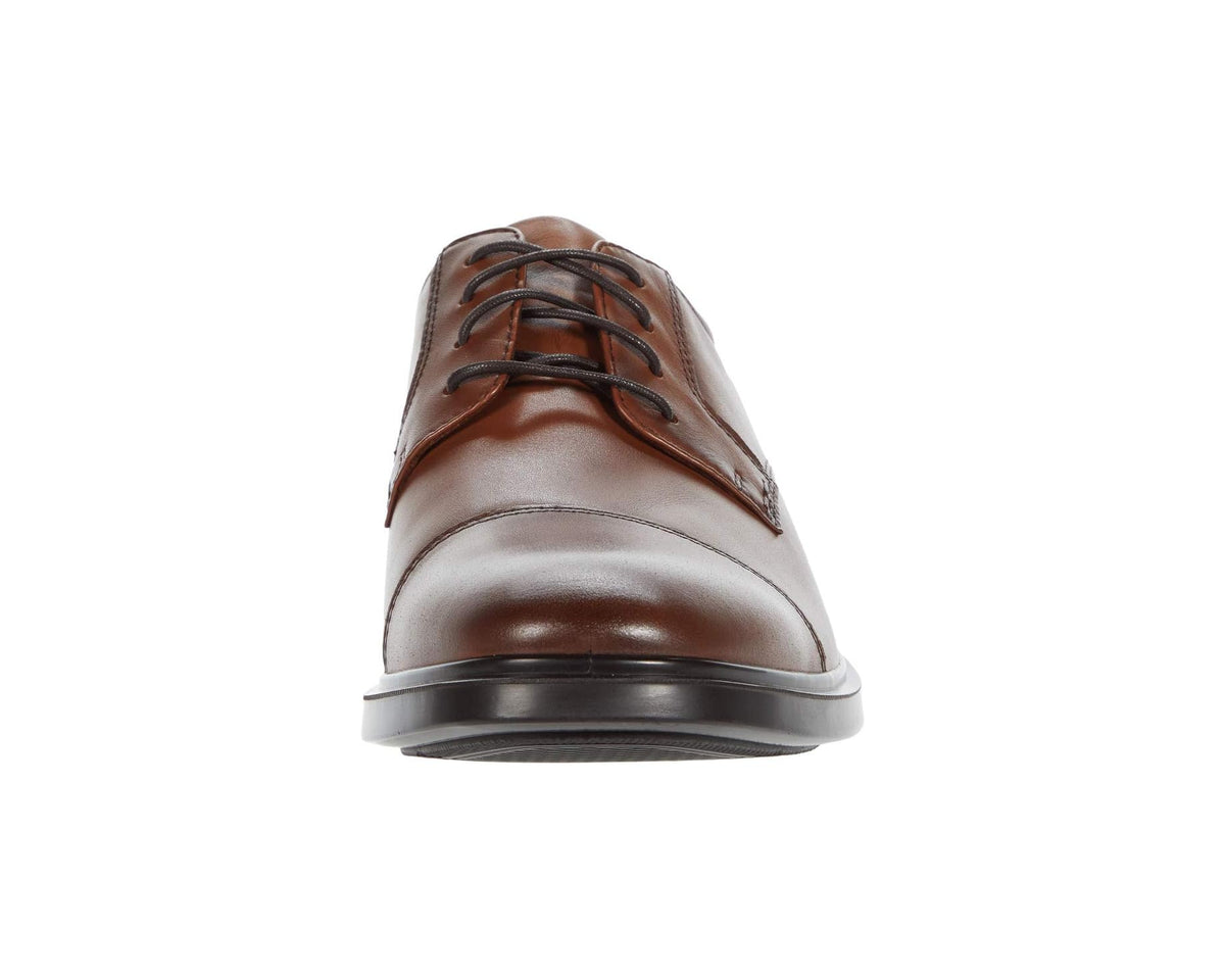 Men's Florsheim waterproof cap-toe oxford shoes, cognac smooth leather, front view with laces.