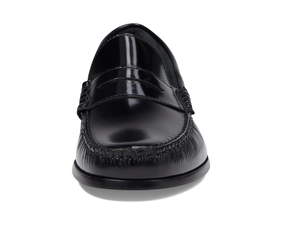 Black leather penny loafer with rounded toe and stitched strap vamp