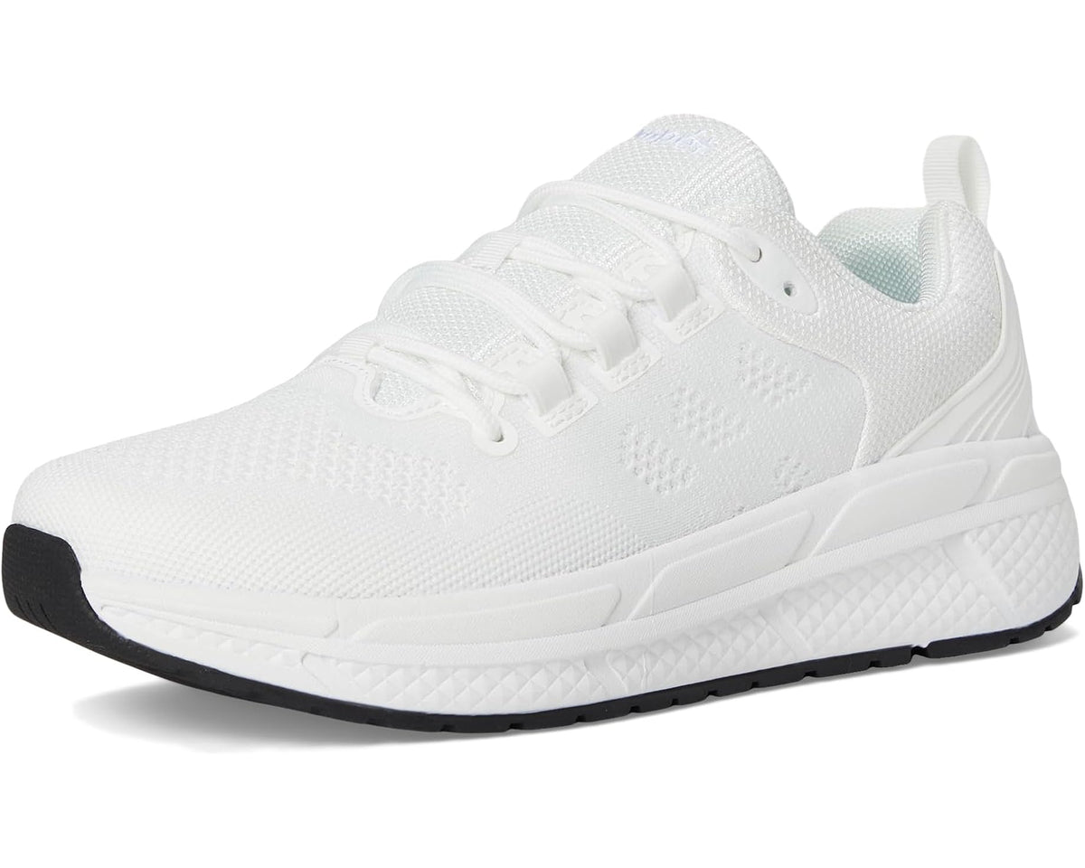 White lace-up athletic sneaker with textured upper and dark rubber traction sole